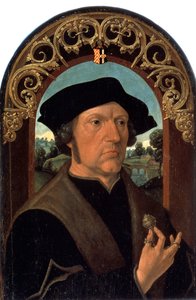 ""Miehen muotokuva"" (Miehen muotokuva) Hollannin porvaristoon kuuluvan miehen muotokuva kädessään hopeajalokiveä. Jacob Cornelisz van Oostsasen maalaus (noin 1470-noin 1533) Pietarin Eremitaaši