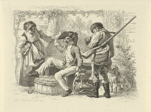Sotilas nostettu lasi naisen ja taistelijan välissä Opintopainotyö / Etudes gravées (sarjan nimi) tekijältä Jacob Ernst Marcus