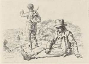 Istuva ja seisova mies rannalla Opintopainotyö / Etudes gravées (sarjan nimi) tekijältä Jacob Ernst Marcus