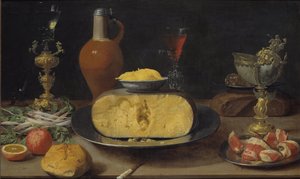 Aamiaisasetelma juuston ja pikarin kanssa - Aamiaisasetelma juustolla ja pikarilla, kirjoittanut Van Es, Jacob Foppens (n. 1596-1666). Öljy puulle. Koko: 50 x 84 cm. Tukholman kansallismuseo