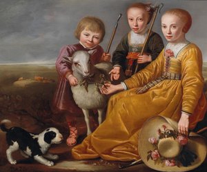 Kolme lasta vuohen ja koiran kanssa maisemassa, 1639.
