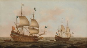 Ranskalle rakennettu sotalaiva ja hollantilainen purjevene purjehtimassa tekijältä Jacob Gerritz Loef