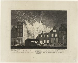Tulipalo De Twee Leeuwen -panimossa Rotterdamissa, 1782 Kuva brändistä Rotterdamissa 19. maaliskuuta 1782 Brouwery de Twee Leeuwenissa Leuvehavenin länsipuolelta (otsikko esineessä) tekijältä Jacob Groenendijk