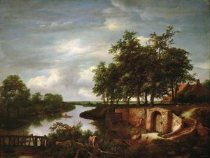 Jokimaisema kellarin sisäänkäynnillä - Jacob Isaacksz van Ruisdael (1628/29-1682). öljy puulle tekijältä Jacob van Ruisdael