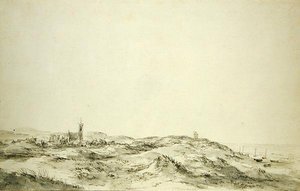 Wijk aan Zeen dyynit (musta liitu ja harmaa muste paperille) tekijältä Jacob van Ruisdael