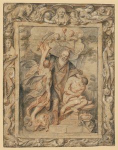 Iisakin uhraaminen (1. Moos. 22:1-12) figuratiivisessa reunuksessa tekijältä Jacob Jordaens