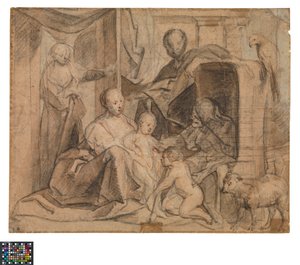 Saksa: Pyhä perhe, Elisabeth ja Johannes Kastaja (takana: ovi, oviaukko ja Hermes).
Hollanti: De Heilige Familie met Elisabeth en de kleine Johannes (keerzijde: Deur, deuropening en Hermes). tekijältä Jacob Jordaens