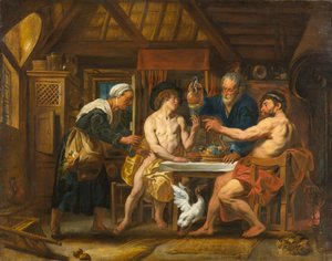 Jupiter ja Merkurius Philemonin ja Baucisin talossa, noin 1645 (öljy kankaalle) tekijältä Jacob Jordaens