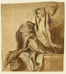 Mies polvistuneena, oikealle päin (etusivu); hahmoluonnoksia (kääntöpuoli). tekijältä Jacob Jordaens