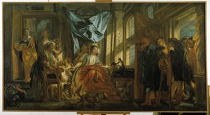 Penelope. Ulysseksen vaimo, joka odottaa miestään, torjuu teeskentelijöidensä etenemisen ja jatkaa kuvakudostaan. Jacob Jordaensin (1593-1678) maalaus. Musee Granet, Aix en Provence. tekijältä Jacob Jordaens