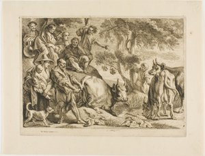 Mestari vetää lehmän ulos ojasta sen hännästä tekijältä Jacob Jordaens