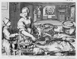 Keittiökohtaus, jossa keittiöpiika valmistaa kalaa ja Kristus on Emmauksessa taustalla, sarjasta "Keittiö- ja torikohtauksia, joiden taustalla on raamatullisia kohtauksia" tekijältä Jacob Matham