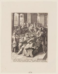 Tuhlaajapoika juhlimassa huorien kanssa, teoksesta The History of the Prodigal Son (Tuhlaajapojan historia) tekijältä Jacob Matham