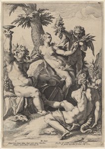 Venuksen liitto Bacchuksen ja Ceresin kanssa tekijältä Jacob Matham, after Hendrick Goltzius