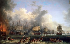 Venäläisen taistelulaivan St. Evstafius uppoaminen Chesman meritaistelussa 1771.