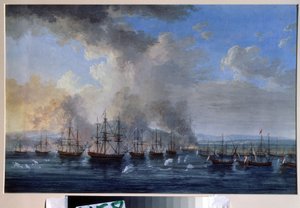 Venäjän ja ottomaanien sota: "Damiettan meritaistelu 1770" (Damiettan meritaistelu vuonna 1770) Se vastusti Katariina II:n Venäjän ja Ottomaanien valtakunnan laivastoja (Orloffin vallankumous tai Orloffin veljien retkikunta). Maali tekijältä Jacob Philippe Hackert
