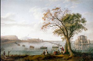 Kahden Sisilian Ferdinand I:n nokkametsästys Fusarojärvellä lähellä Napolia, Italiaa tekijältä Jacob Philippe Hackert
