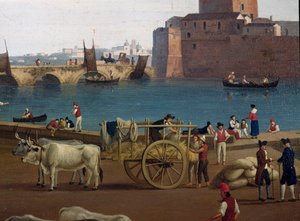 Näkymä Taranton (Taranto) satamasta Italiassa 1700-luvulla Satamassa satamassa tavaroita purkamassa, härän vetämässä vaunussa - Jacob Philipp Hackertin maalaus dit Hackert d