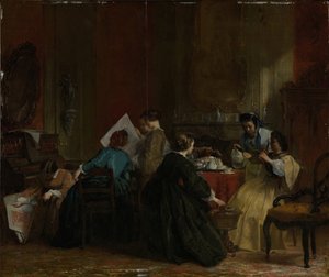 Naisia katsomassa stereoskooppisia valokuvia ennen vuotta 1868