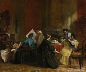 Ryhmä naisia katselemassa stereoskooppisia valokuvia, n. 1868 (öljy paneelille)