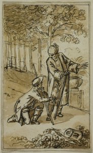 Kirjallinen kuvitus: Gentleman ja polvistuva puutarhuri tekijältä Jacob Wilhelm Mechau