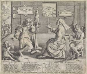 Allegoria hyvän tarkoituksen (Bona Intentio) ja epäsopun (Discordia) persoonallisuuksilla tekijältä Jacob de Gheyn (I) (circle of)