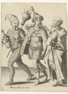 Kolme naamioitunutta hahmoa, joista yhdessä on luuta, johon kynttilöitä on juuttunut The Masquerades (sarjan nimi) tekijältä Jacob de Gheyn (II) (workshop of)