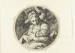 Maria Kristuksen lapsen kanssa Maria Kristuslapsen kanssa ja Joosef puusepän työkaluineen (sarjan nimi) tekijältä Jacob de Gheyn (II) (workshop of)