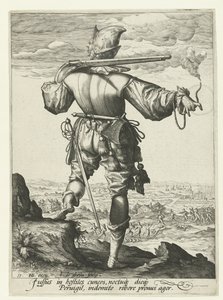 Muskettisoturi (harquebusier?) kypärä päässä Upseerit ja sotilaat (sarjan nimi) tekijältä Jacob de Gheyn (II)