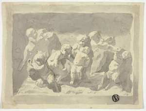 Baby Satyrs ja Putti leikkivät aasin kanssa tekijältä Jacob de Wit