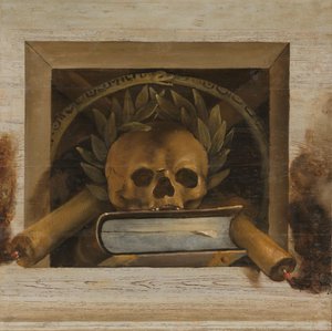 Vanitas asetelma pääkalloineen, laakeriseppele, kirja ja kaksi palavaa kynttilää