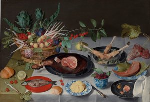 Asetelma lihan, kalan, vihannesten ja hedelmien kanssa, n. 1615-20