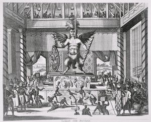 Meksikon jumala Huitzilopochtli, kirjasta "Montanus de Nieuwe en Onbekende Weereld", 1671