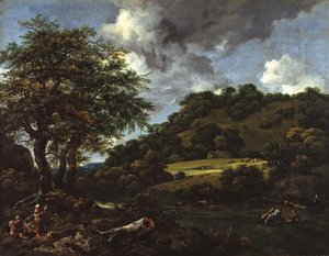 Kumpuileva maisema, jossa on korkeita tammia tekijältä Jacob van Ruisdael