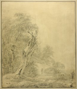 Kuollut puu veden äärellä, hahmo lähestyy sauvan kanssa tekijältä Jacob van Ruisdael