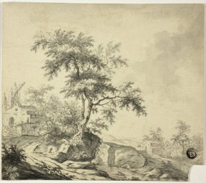 Maisema puulla tiellä rakennuksiin tekijältä Jacob van Ruisdael