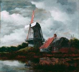 Maisema, jossa on maalaistalo ja tuulimylly tekijältä Jacob van Ruisdael