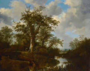 Metsäinen maisema, jossa karja ylittää puron tekijältä Jacob van Ruisdael