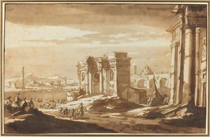 Capriccio-näkymä roomalaisille raunioille Tiberin varrella tekijältä Jacob van der Ulft