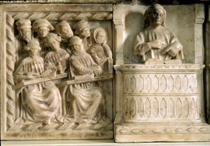 Carlon, Roberton ja Riccardo da Saliceton hautausmuistomerkki: kurssille osallistuvia opiskelijoita (veistos, n. 1403) tekijältä Jacobello and Pier Paolo dalle Masegne