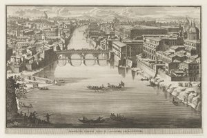 Näkymä Roomaan Ponte Siston kanssa Tiber-joen yli Esite Pontis Sixti IV locorumq adjadentium (otsikko esineessä) Rooman näkymät (sarjan nimi) La Galerie agreable du mond (...) divisée en LXVI tomes...Cette partie comprend le Rome moderne tekijältä Jacobus Baptist