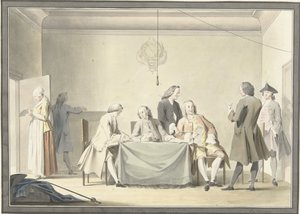 Komissaarien kokous Liberale Giften eli 50. mitalin vastaanottamiseksi 12. syyskuuta 1747 tekijältä Jacobus Buys (signed by artist)