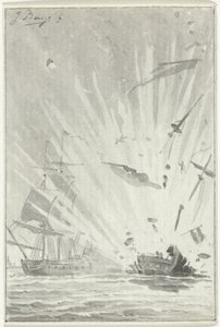 Hollantilaisen yksityismiehen De Dappere Patriotin räjähdys taistelussa englantilaisen Kameleon-aluksen kanssa, 14. elokuuta 1781