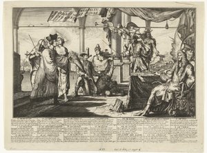 Sarjakuva lakimiehen ammatista hyötyvän miehen riidasta, 1687 Interest des