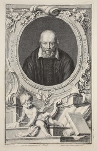 George Buchananin muotokuva Frans Pourbuksen mukaan, kuvitus teoksesta Heads of Illustrious Persons of Great Britain, pub. kirjoittanut Knapton, Lontoo 1742 tekijältä Jacobus Houbraken