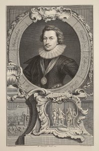 George Villiersin, Buckinghamin herttuan muotokuva, kuvitus teoksesta Heads of Illustrious Persons of Great Britain, pub. kirjoittanut Knapton, Lontoo 1742 tekijältä Jacobus Houbraken