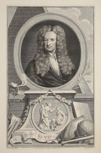 Isaac Newtonin muotokuva, kuvitus teoksesta "Heads of Illustrious Persons of Great Britain", julkaisija Knapton, Lontoo 1742. tekijältä Jacobus Houbraken