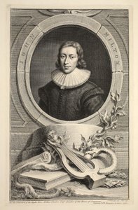 John Miltonin muotokuva, kuvitus teoksesta "Heads of Illustrious Persons of Great Britain", julkaisija Knapton, Lontoo 1742. tekijältä Jacobus Houbraken