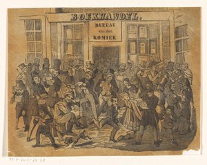 Yleisöä kirjakaupan eteen saadakseen De Komiek tekijältä Jacobus Wilhelmus Adrianus Hilverdink (possibly)