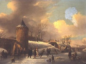 Luistelijat jäätyneellä vesiväylällä tornin vieressä tekijältä Jacobus van der Stok